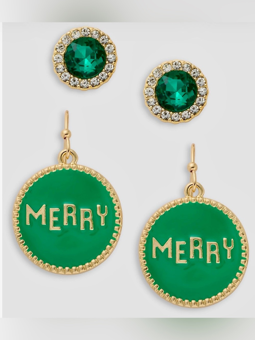 HOLIDAY LANE NWT Women's Gold-Tone 2-
Pc. Set Green Merry Stud & Drop Earrings
